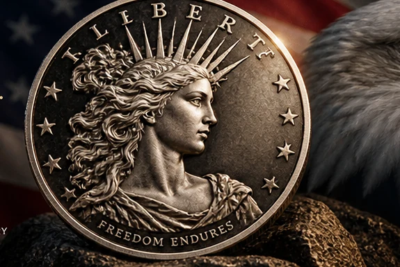 Concept art showing a Liberty medallion against an American flag with a bald eagle