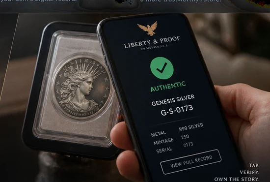 Concept showing a phone verifying a serialized Liberty & Proof medallion